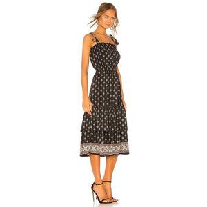 Misa Azalea Black Boho Floral Midi Dress W/ Self-Tie Straps Smocked Waist Sz M